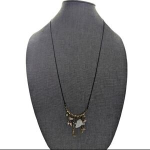 Express Gold Tone Bohemian Style Long Mixed Media Carved Shell Corded Necklace